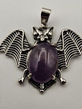 Bat Pendant Purple Stone Silver Tone Halloween Jewelry